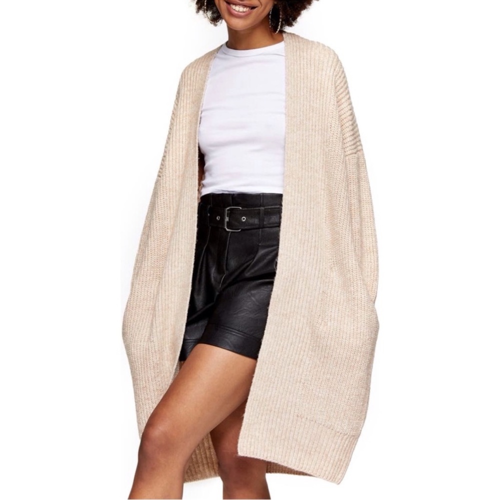 Topshop Ribbed Open Front Cardigan in Oat